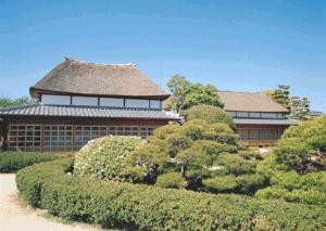 青空の下、手入れの行き届いた低い生垣の奥に、茅葺き屋根と瓦屋根が組み合わさった伝統的な日本家屋が二棟並び、その前方には形良く整えられた松や丸い低木が美しく配置された神野のお茶屋の外観写真