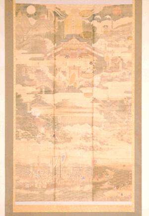 淡い色使いの繊細な筆致で、上部には山々や日月の意匠、中央には壮麗な社殿や鳥居、そして下部には海をゆく船や人々の営みが緻密に描き込まれた絹本淡彩金立神社縁起図の写真