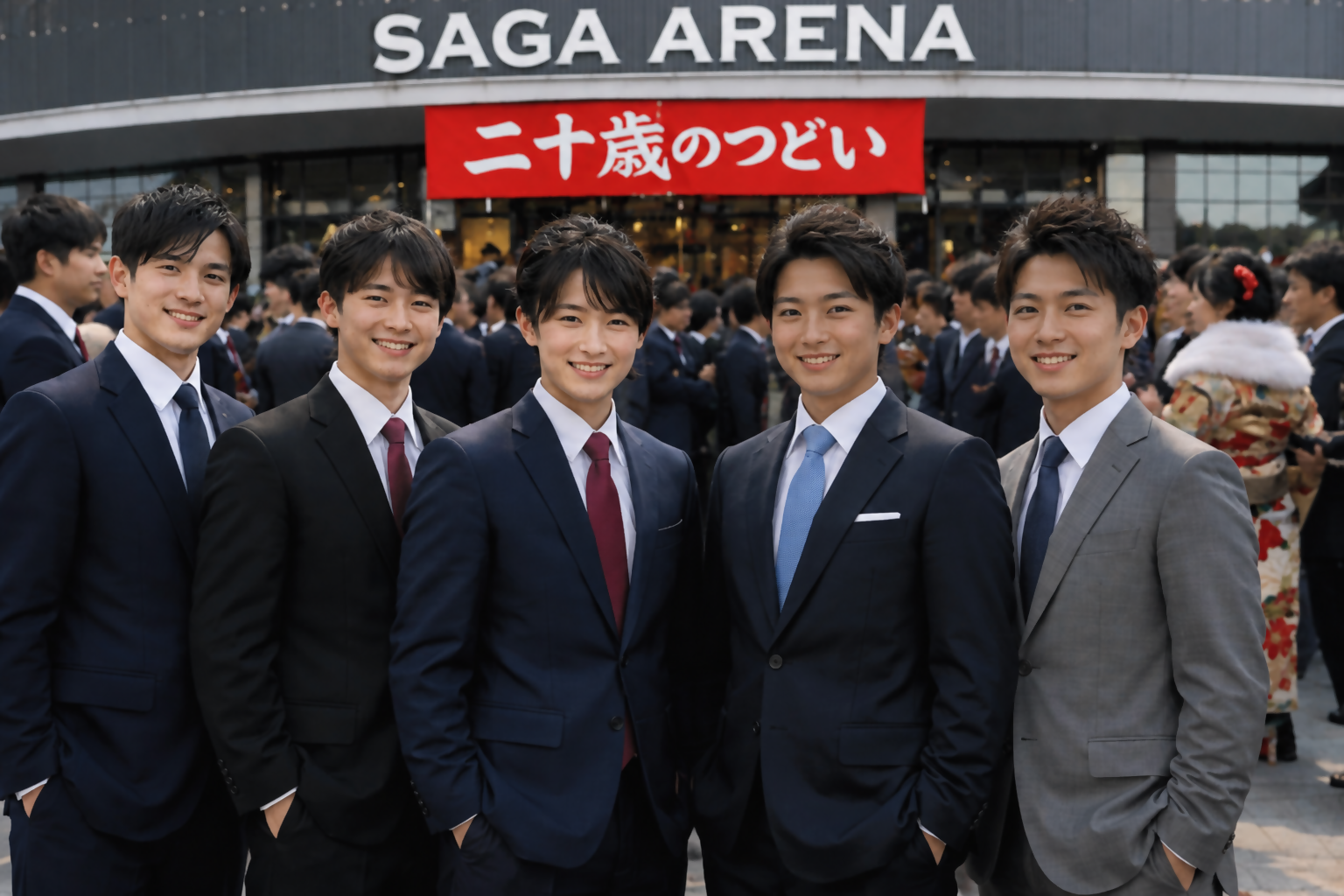 サガアリーナの前でスーツ姿の男性たちが笑っている
