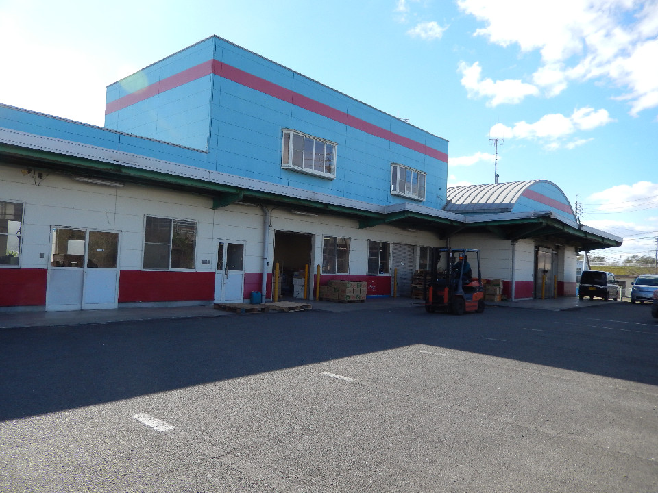 白と水色の外壁に赤いラインが引かれた平屋建ての倉庫兼作業場で、開かれた搬入口の前にはオレンジ色のフォークリフトが置かれ、右奥にはドーム型の屋根を持つ建物も隣接している工場の外観写真