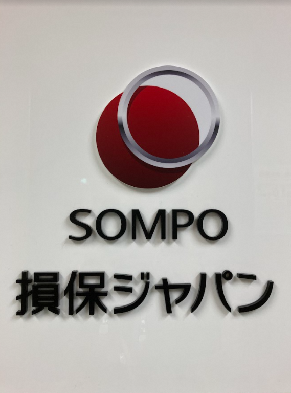赤い円の上に銀色のリングを重ねたシンボルマークが配置され、その下に「SOMPO」という英字と「損保ジャパン」という力強い黒の立体文字が並んだロゴ写真