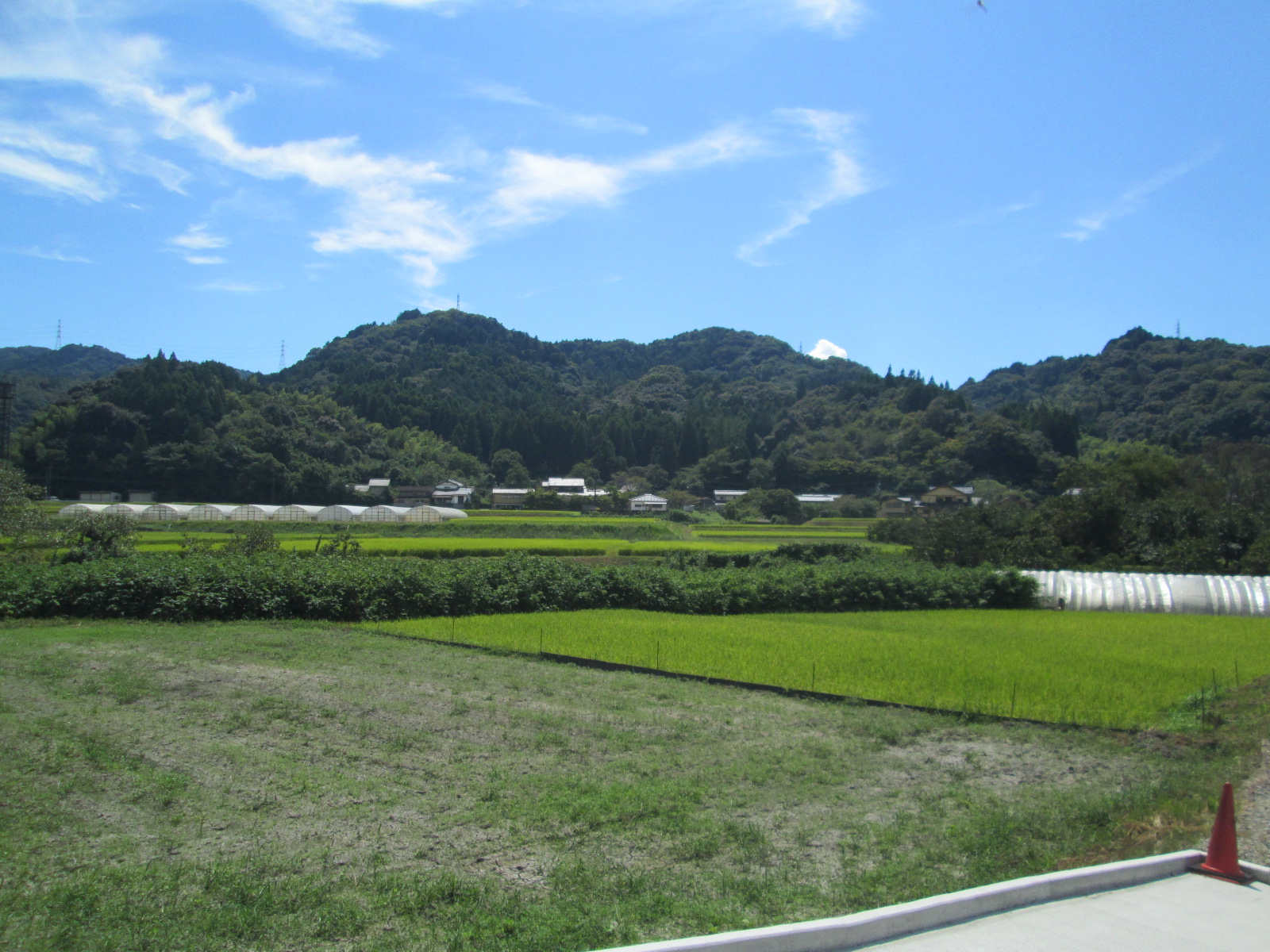 青空の下、豊かな緑に覆われた山々を背景に、手前には青々とした田園風景と白いビニールハウスが広がり、山裾に民家が点在する、日本ののどかな里山の夏景色を捉えた写真