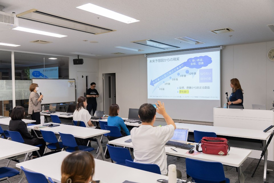 セミナー会場で、前方のスクリーンに映し出された「未来予想図からの現実」というタイトルのスライド資料を見ながら、質問や発言をする参加者と、それに応じる講師や運営スタッフのやり取りを捉えた講義風景の写真