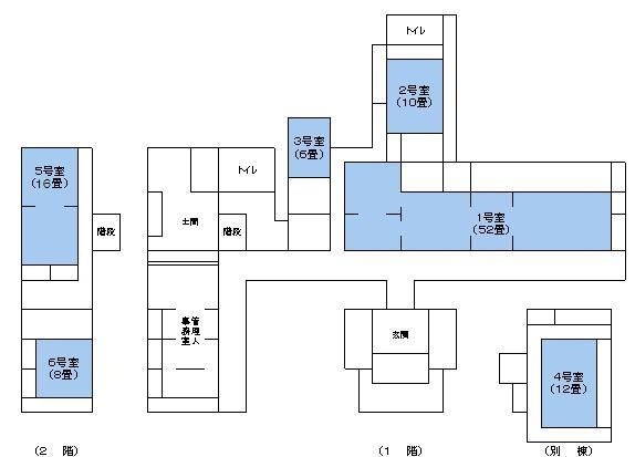 1号室から6号室まで青色で塗りつぶされている旧古賀家平面図の画像
