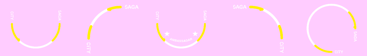 薄いピンク色の背景に、円弧や円のライン、星のマーク、そして「SAGA CITY」や「AMBASSAGAR」といった白い英字を組み合わせた、シンプルで洗練された5種類のロゴデザイン案が横一列に並んでいる様子を捉えた画像