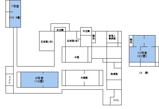 7号室、8号室、10号室が青色で塗りつぶされている旧福田家平面図の画像