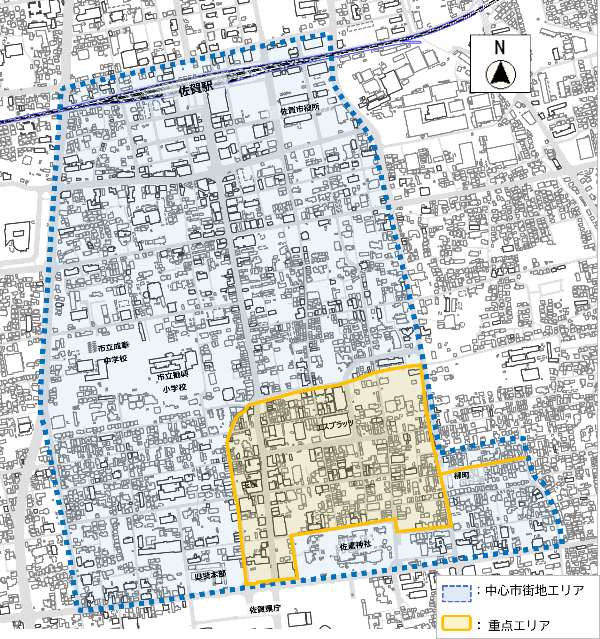 中心市街地エリアと重点エリアがわかる図（中心市街地エリアは、駅前中央一丁目、駅南本町、唐人一丁目、唐人二丁目、神野東一丁目、天神一丁目、天神二丁目、愛敬町、大財一丁目、大財三丁目、白山一丁目、白山二丁目、呉服元町、栄町、成章町、八幡小路、中央本町、中の小路、松原一丁目、松原二丁目、松原三丁目、松原四丁目、堀川町、柳町を指す）