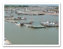 多数の漁船が穏やかな水面に整然と並び、背景には平坦な海岸線と広々とした空が広がる、のどかな漁港の日常風景を白い縁取りで囲った写真