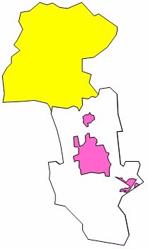 都市計画区域を黄色とピンク色で範囲を示した地図