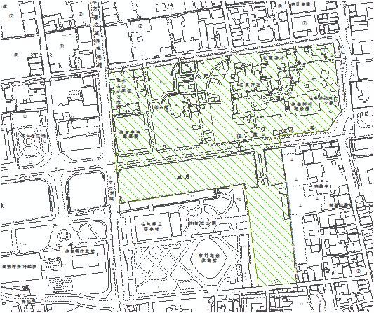 松原公園風致地区位置を緑色の斜線で強調した地図