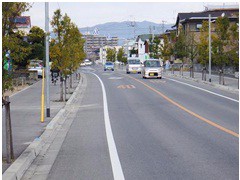 曇り空の下、中央分離帯と街路樹が整備された片側一車線の直線道路を車両が走行し、遠方に山並みが見える市街地の幹線道路の写真