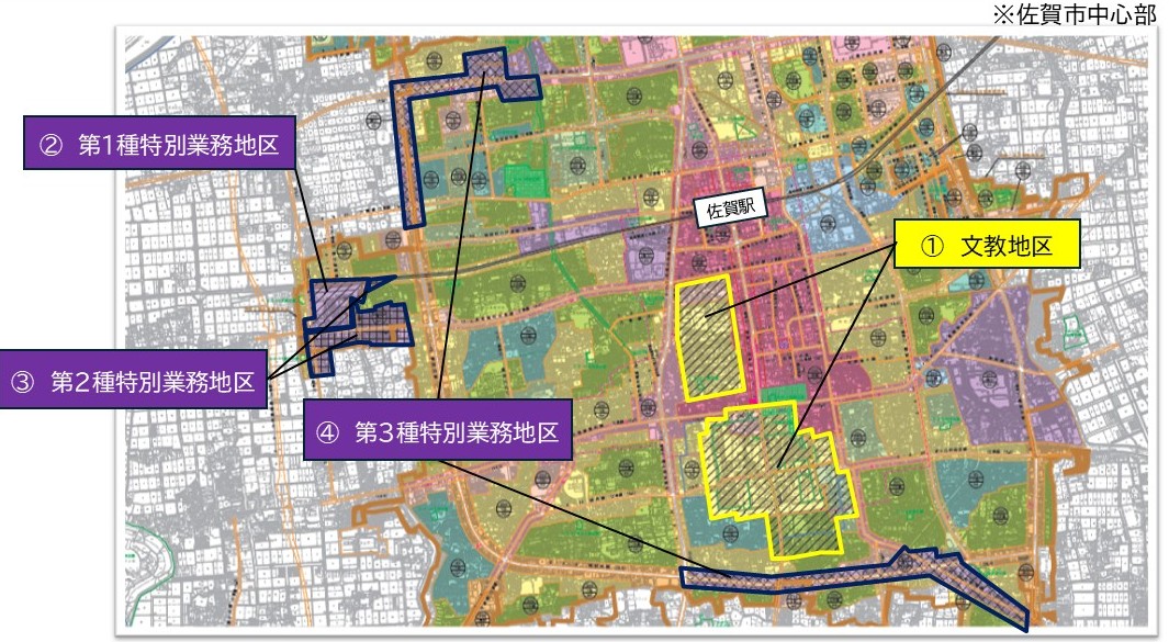 用途に応じた色分けがなされた市街地地図上に、佐賀駅の位置、さらに第一種から第三種までの特別業務地区や文教地区の範囲が黒枠とラベルで明示された旧佐賀市の特別用途地区位置図