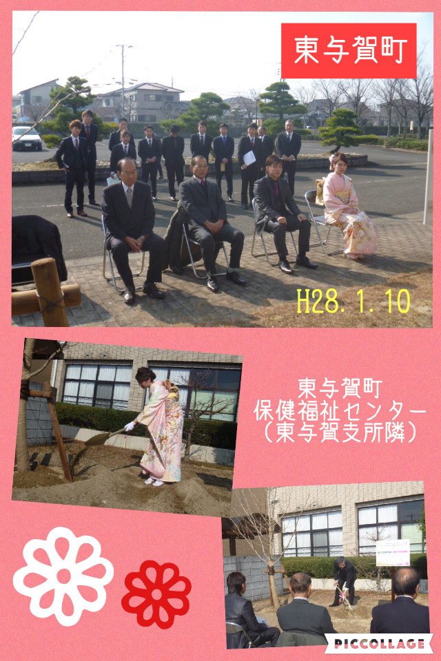 東与賀町の保健福祉センターで行われた新成人の記念植樹にて、スーツや振袖姿の若者たちが式典に臨み、代表者が苗木に丁寧に土を掛ける様子を記録した、ピンクの背景に花のイラストが添えられたコラージュ写真