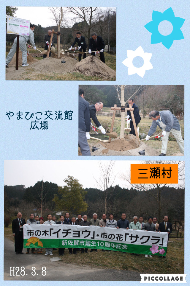三瀬村のやまびこ交流館広場で行われた記念植樹にて、スーツや作業服姿の男性たちが「市の木・市の花」の横断幕を掲げて並び、協力して苗木の根元にスコップで土を掛ける様子を記録した、水色の背景に花のイラストを添えたコラージュ写真