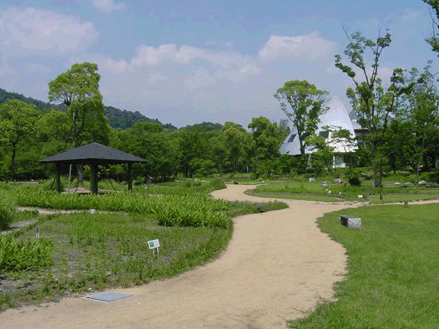 緑豊かな山々を背景に、緩やかに蛇行する未舗装の園路、左手に佇む黒い屋根の東屋、そして右奥に見える特徴的な円錐形の白い建物が、広々とした芝生や植栽と調和している薬用植物園の写真