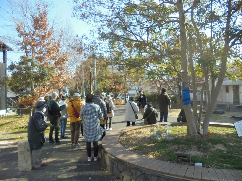木々が色づく公園で参加者たちが説明を聞きながら集まり散策する和やかな雰囲気を捉えた写真