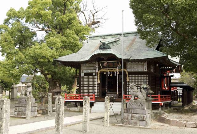 拝殿の正面には曲線が美しい向唐破風の屋根が張り出し、その下には注連縄が飾られ、手前には一対の狛犬や石灯籠が並ぶ、歴史ある神社の厳かで静謐な佇まいを伝える写真
