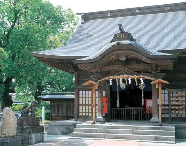 大きな楠の枝が広がる下、石畳の参道の先に重厚な入母屋造りの拝殿が建ち、その正面には精巧な彫刻が施された向唐破風の屋根と注連縄、さらには一対の狛犬や絵馬掛けが並ぶ、静謐な神域の佇まいを間近に捉えた写真