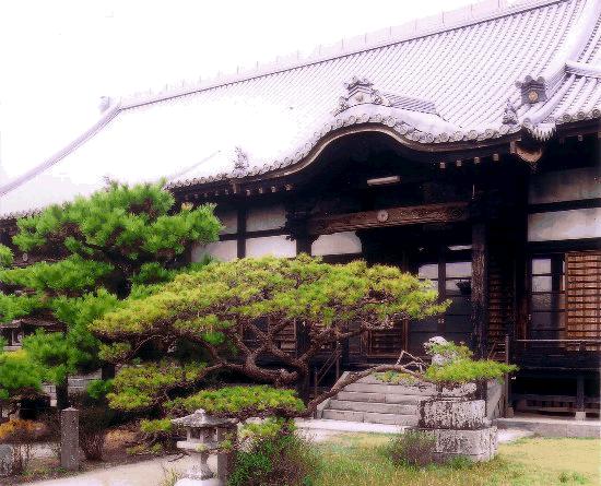 瓦屋根と木造の構造が特徴的な日本の伝統的寺院で、正面には彫刻装飾のある玄関と石段があり、庭には松の木や石灯籠が配置された本行寺の写真