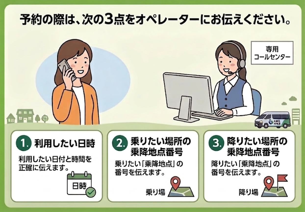 予約型のりあい交通の電話予約の方法を説明しているイラスト画像です。