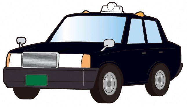 黒い車体に白い行灯を載せたタクシーが斜め前方から描かれたシンプルなデザインのイラスト