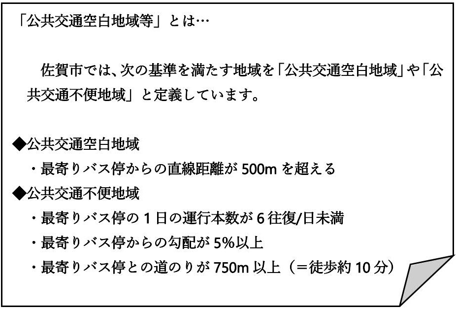 「公共交通空白地域等」とは&hellip;  佐賀市では、次の基準を満たす地域を「公共交通空白地域」や「公共交通不便地域」と定義しています。  公共交通空白地域 &middot;最寄りバス停からの直線距離が500メートルを超える 公共交通不便地域 &middot;最寄りバス停の1日の運行本数が6往復/日未満 &middot;最寄りバス停からの勾配が5%以上 &middot;最寄りバス停との道のりが750メートル以上(=徒步約10分)