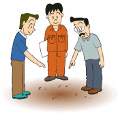 地面の異常箇所を2人の男性が囲んで指を差し、中央に立つ作業服姿の男性が見ている様子を描いたイラスト
