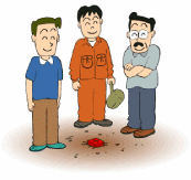 地面の赤い目印を三人が囲んで状況を確認し合い調査の場面を示しているイラスト