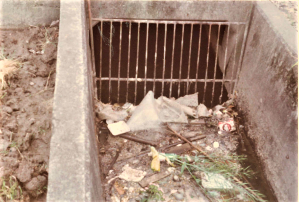 直接水路に流れ込んだヘドロが堆積し、淀み、ゴミが溜まった様子の写真