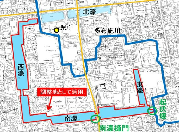 青と赤の線で区域を示し多布施川や北濠・南濠などの地名と調整池活用箇所が記された位置図