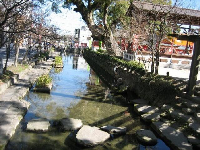 穏やかな陽光が水面に反射する小川に沿って石畳の遊歩道が続き、水中に配置された飛び石や周囲の樹木を捉えた松原川の写真