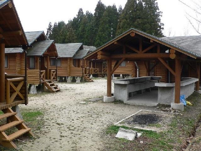 杉林を背景に、複数のログハウス風コテージが立ち並び、手前には屋根付きのコンクリート製炊事場が配置された、砂利敷きの地面が広がるキャンプ場施設の全景写真