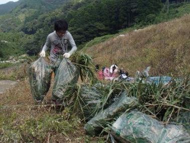 山あいの傾斜地で、グレーの長袖シャツを着た男性が、刈り取られた大量の草を大きな透明のゴミ袋に詰めて両手で抱え上げながら、周囲の清掃や整備作業に黙々と取り組んでいる活動の様子を記録した写真