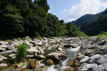 青々とした山々に囲まれた渓谷の中を、大小さまざまな白い岩の間を縫うようにして澄んだ水が穏やかに流れ、奥へと続く川のせせらぎと豊かな自然の風景を水平に近いアングルから捉えた開放感のある写真
