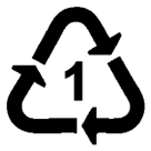 3本の矢印が時計回りに三角形を形成しており、その中央に数字の「1」が配置された、PET（ポリエチレンテレフタレート）素材のリサイクルを推奨する国際的なプラスチック識別コードを示すロゴ