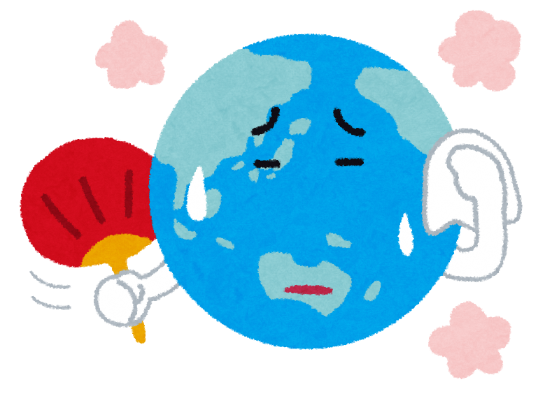 地球温暖化の影響でひどく暑がっている地球が、右手に持った赤い団扇で自分を仰ぎながら、左手に持った白いタオルで額に浮き出た大粒の汗を拭い、苦しそうな表情を浮かべている様子を表現した、環境問題を象徴するイラスト