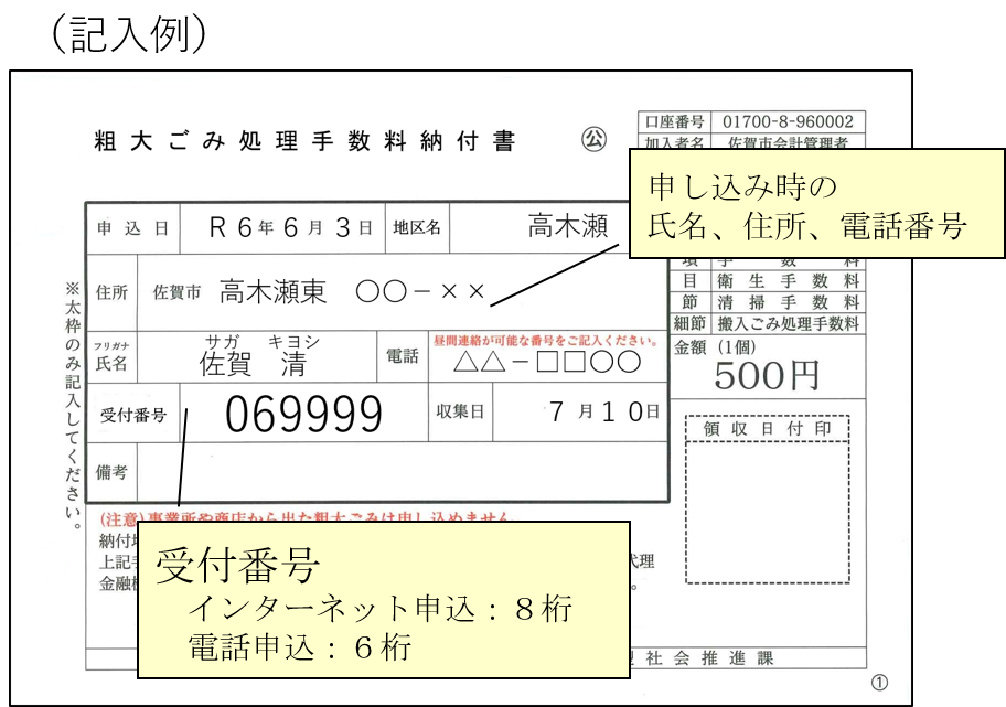 粗大ごみ処理手数料納付書の記載例と、注意事項として名前・住所・電話番号について申込時の内容を記載することと、受付番号について電話予約では6桁、インターネット予約では8桁の数字を記載することを説明した画像。