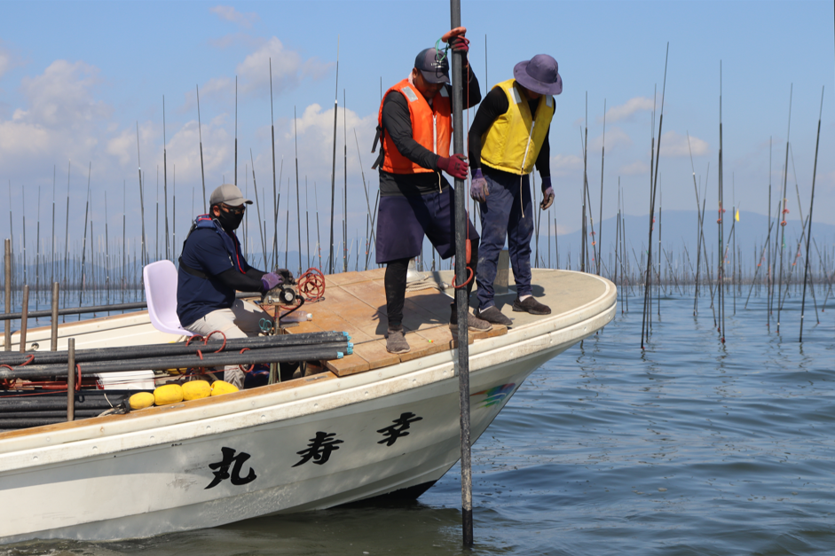 穏やかな有明海に浮かぶ「幸寿丸」と書かれた白い漁船の上で、ライフジャケットを着用した3人の漁師が協力し合い、海苔養殖用の長い黒色の支柱を海中へ垂直に立てる作業に励んでいる様子を捉えた写真