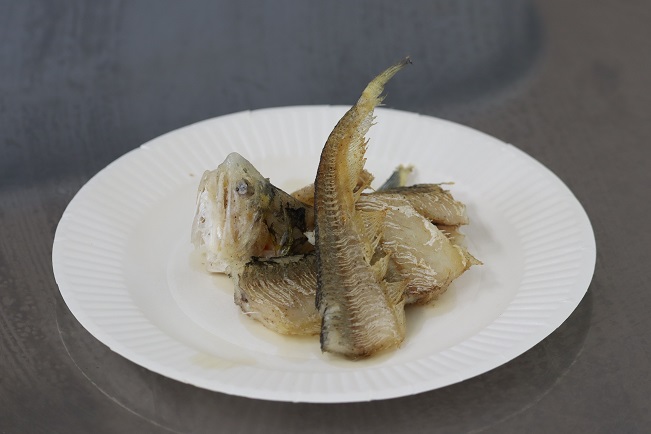 白い使い捨ての紙皿の上に、カラリと揚げられた魚の頭部や中骨、身の部分が盛り付けられており、調理実習で作成した料理が完成し試食を待っているような状態を斜め上から捉えた写真