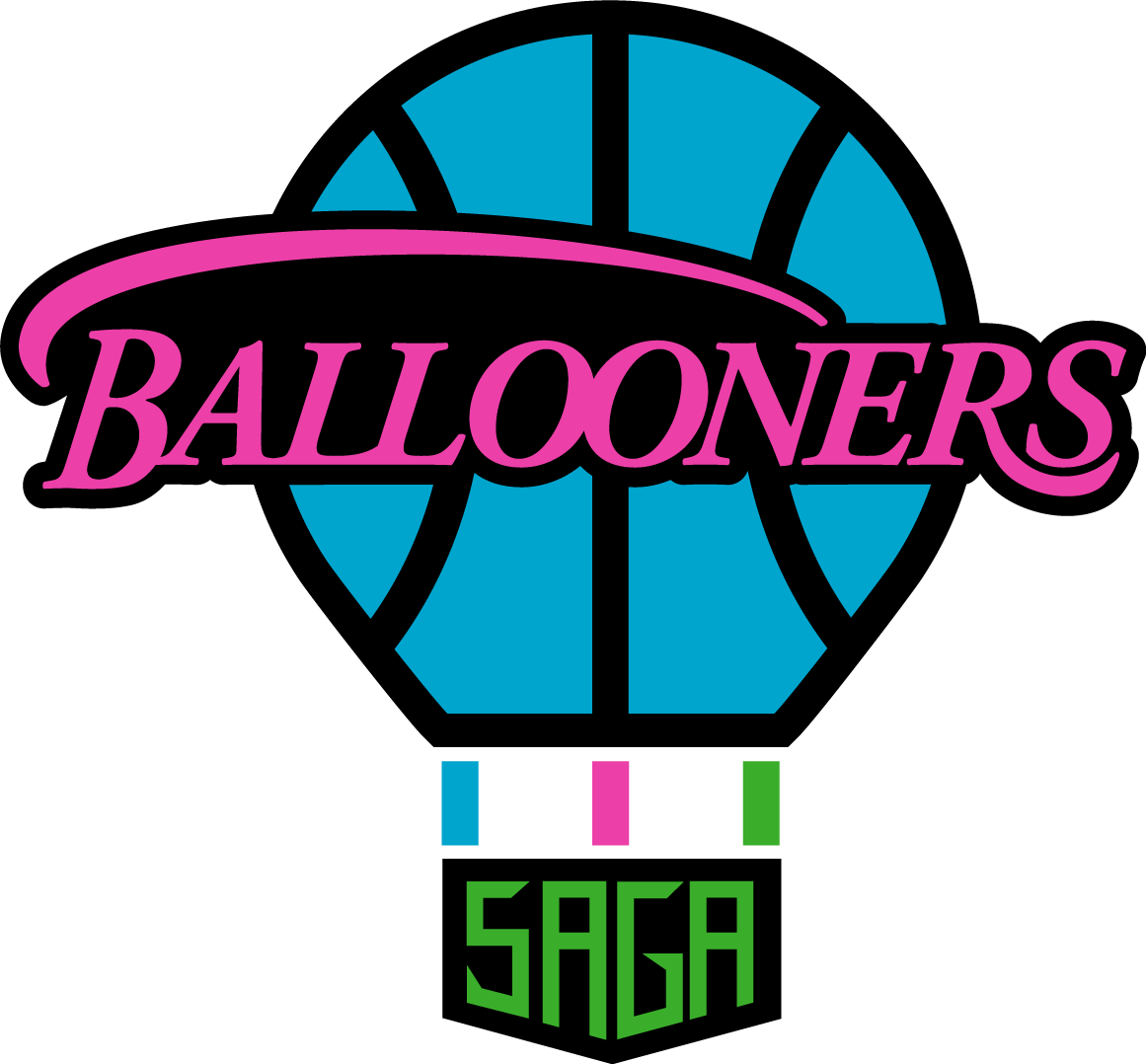 水色のバスケットボールと気球を組み合わせたシンボルの上に、ピンク色の筆記体でBALLOONERS、下に緑色の枠でSAGAと書かれたプロバスケットボールチーム「佐賀バルーナーズ」のロゴイラスト