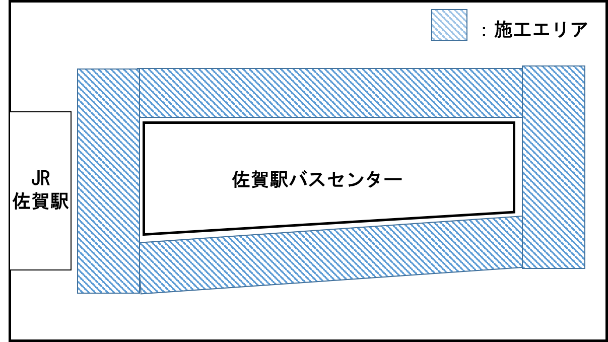 JR佐賀駅横に位置する佐賀駅バスセンターを囲むように青斜線で示された施工エリアを示す平面図のイラスト