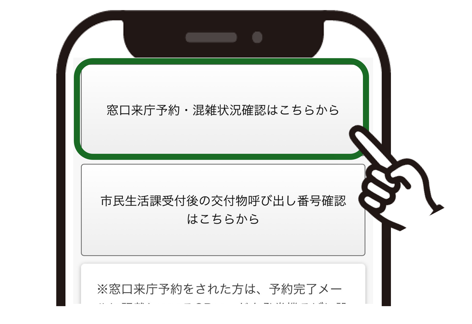 スマートフォンの画面に表示された、「窓口来庁予約・混雑状況確認はこちらから」と書かれたメニューボタンを指差しアイコンが選択し、オンラインで手続きや確認ができることを示すイラスト