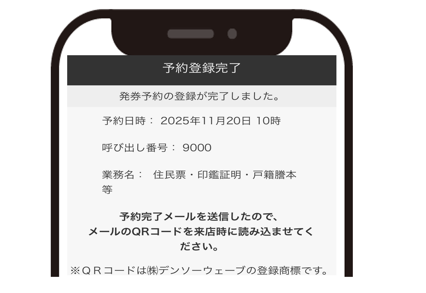 スマートフォンの画面に表示された「予約登録完了」の確認画面にて、2025年11月20日10時の予約日時や呼び出し番号9000番、住民票等の業務名が表示され、来店時にメールのQRコードを読み込ませるよう案内しているイラスト