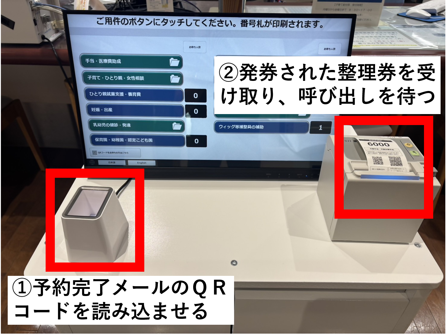 左側に設置された読み取り機に予約完了メールのQRコードをかざし、右側のプリンターから自動で発券された番号付きの整理券を受け取って、自分の番号が呼び出されるまでロビーで待機する手順を説明した写真