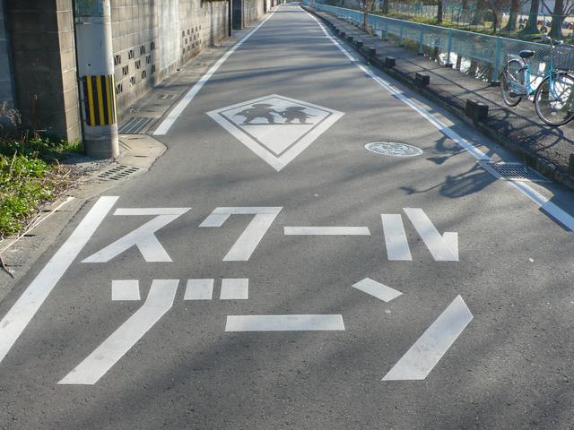 舗装された細い道路の中央に「スクールゾーン」の白文字と上部に児童のシルエットを示す標識が描かれている通学路の写真