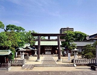 参道正面に大きな鳥居と社殿がまっすぐ続き、周囲の石灯籠と濃い緑の木々が青空の下で調和する佐嘉神社の写真