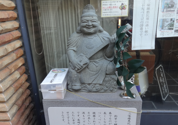 ガラス窓前の台座に石像と白い箱が置かれ、横に榊の枝葉が添えられ説明板が並ぶ様子を写した写真