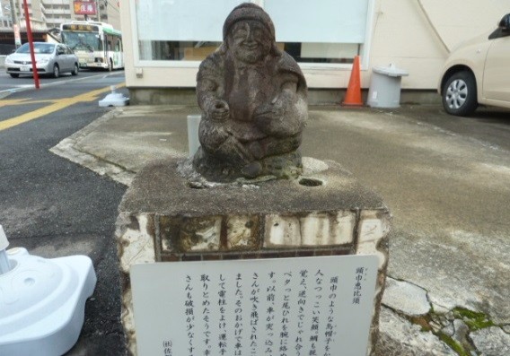舗装された道の一角で台座の上に頭巾恵比寿須の石像と説明板が据えられている写真