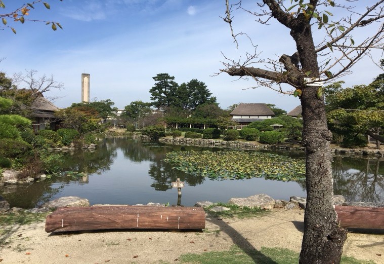 抜けるような青空の下、穏やかに水面をたたえる大きな池を中心に、趣ある茅葺き屋根の古民家や手入れされた松の木々、遠くにそびえる塔が調和した、日本の伝統的な庭園の美しい景観を一望できる神野公園の写真