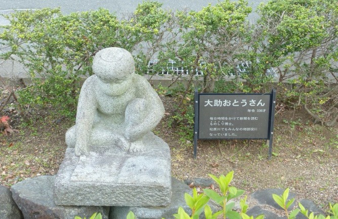 植え込みの前に設置された、「大助おとうさん」という名前と解説が記された黒い案内板の横で、地面に置かれた新聞のようなものを熱心に読みふける河童の姿をユーモラスに表現した石像の写真